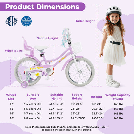 18 Inch Girls Bike Kids Bicycle with Doll Seat and Streamers for Children 4-8 Years Old