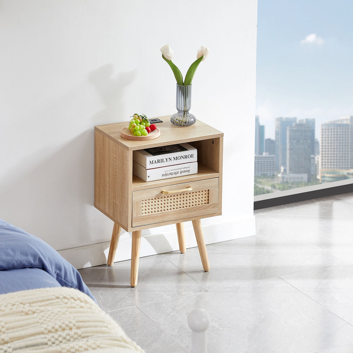 15.75" Rattan End Table With Power Outlet & USB Ports, Modern Nightstand With Drawer And Solid Wood Legs, Side Table For Living Room, Bedroom by Couch.com