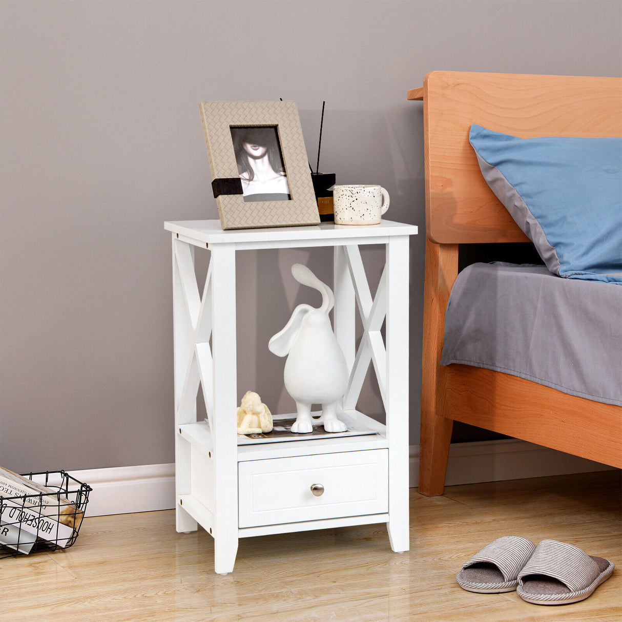 2-Tier 16 x 14 Inch Multifunctional Nightstand with Storage Drawer-White