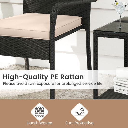 Patio Rattan Bar Height Table and Chairs with 2 Seat Cushions for Porch-White