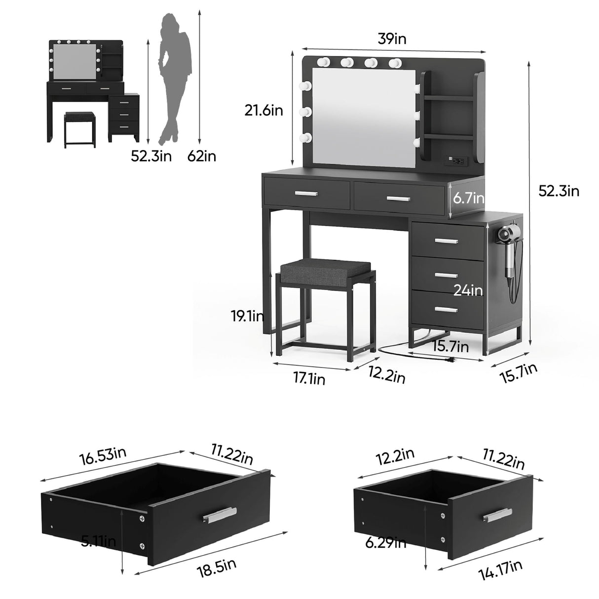 Vanity Desk With Lights, Makeup Vanity Set With Charging Station, Dressing Table With 5 Drawers And Cabinet, Vanity Mirror 3 Lighting Color Adjustable - Black by Couch.com