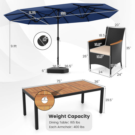 10 Piece Outdoor Dining Set with 15 Feet Double-Sided Twin Umbrella-Navy