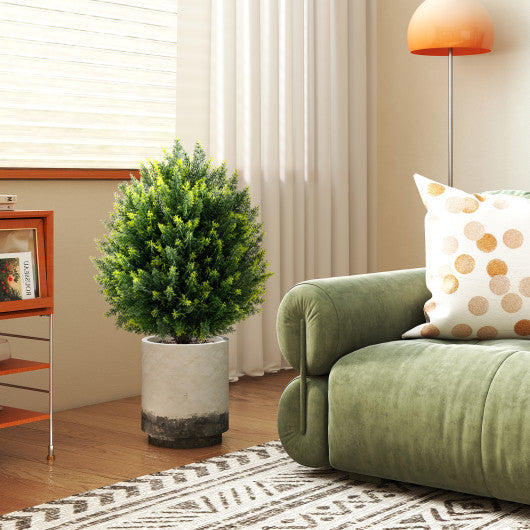 24 Inches Artificial Cypress Topiary Ball Tree Set with Ground Spike-Green