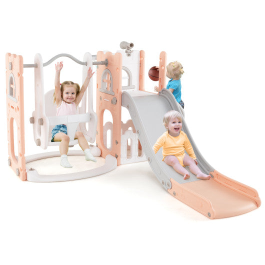 7-in-1 Toddler Swing and Slide Set L-shaped with Ladder and Basketball Hoop-Pink