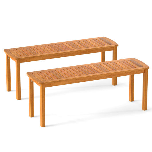 Set of 2 Acacia wood outdoor bench with slatted seat for garden