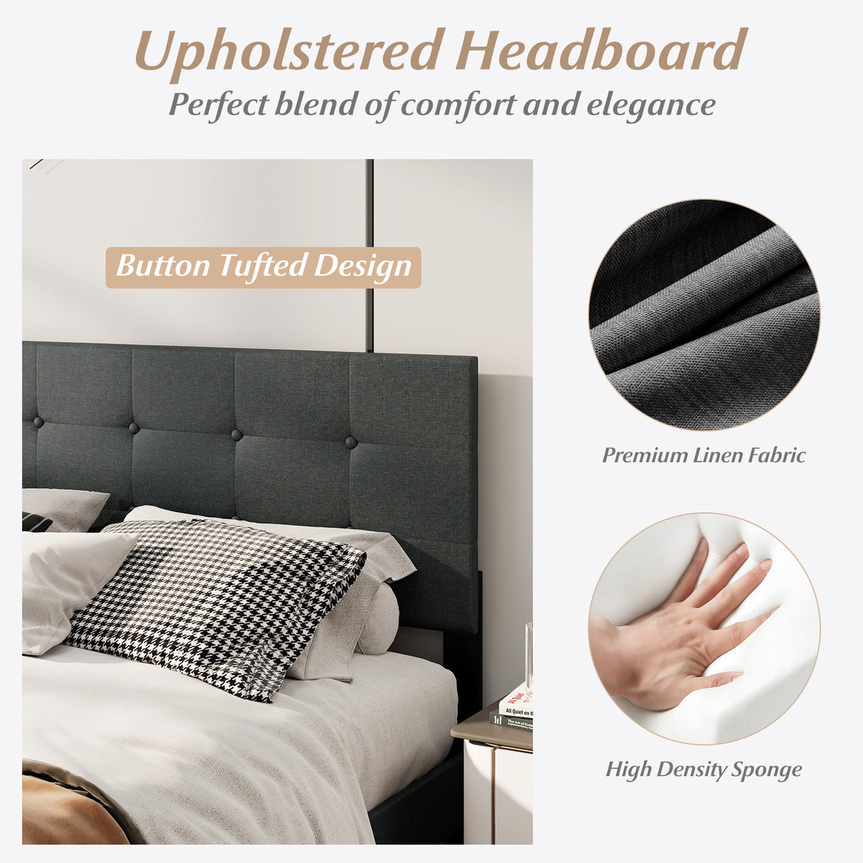 Queen Size Upholstered Bed Frame Linen Platform Bed-Dark Gray