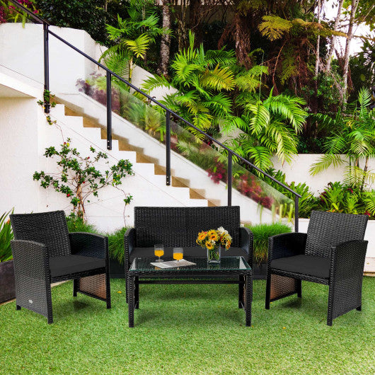 4 Pieces Patio Rattan Cushioned Furniture Set with Coffee Table-Black