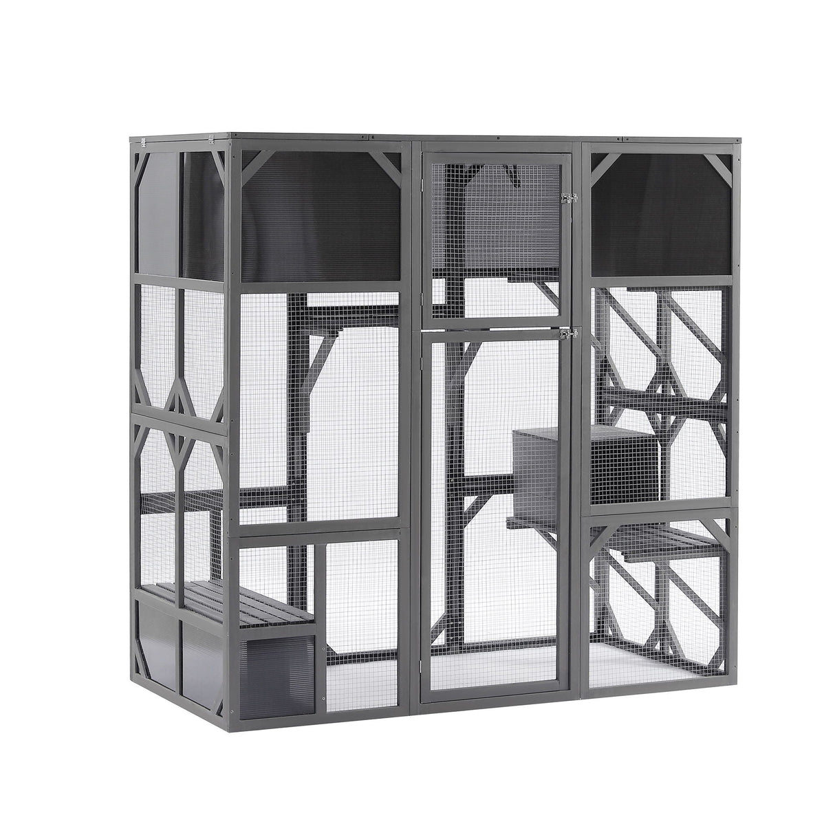 Outdoor Wooden Cat House Catio Enclosure With Super Large Enter Door Cat Kennel With Bouncy Bridge, Platforms And Small Houses Walk In Kitten Cage With Sunshine Board - Dark Gray by Couch.com