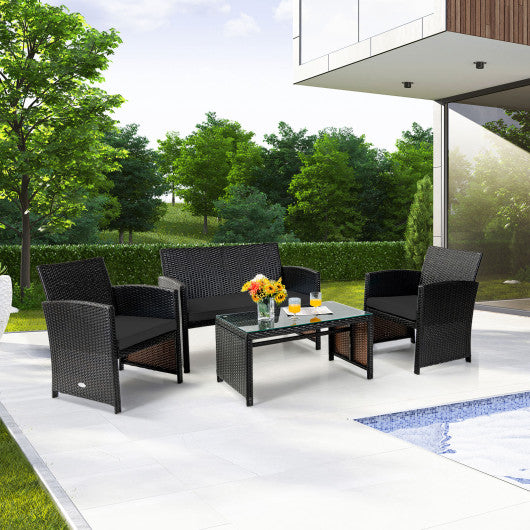 4 Pieces Patio Rattan Cushioned Furniture Set with Coffee Table-Black