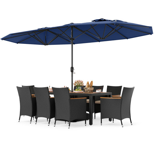 10 Piece Outdoor Dining Set with 15 Feet Double-Sided Twin Umbrella-Navy