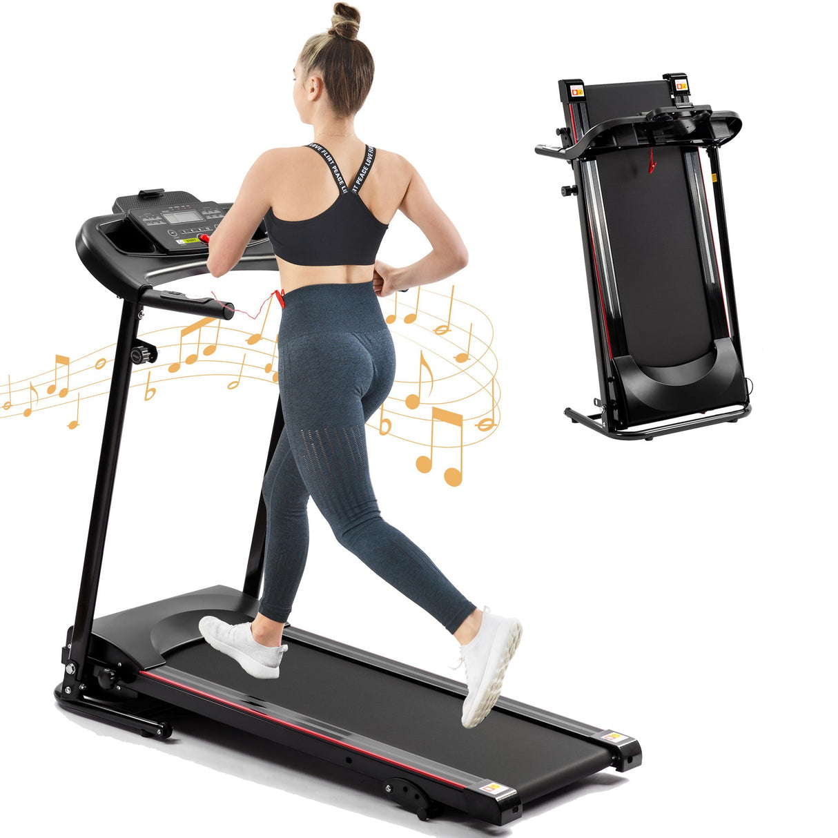 Folding Treadmill With Incline 2.5Hp 12Km / H Electric Treadmill For Home Foldable, Bluetooth Music Cup Holder Heart Rate Sensor Walking Running Machine For Indoor Home Gym Exercise Fitness - Black by Couch.com