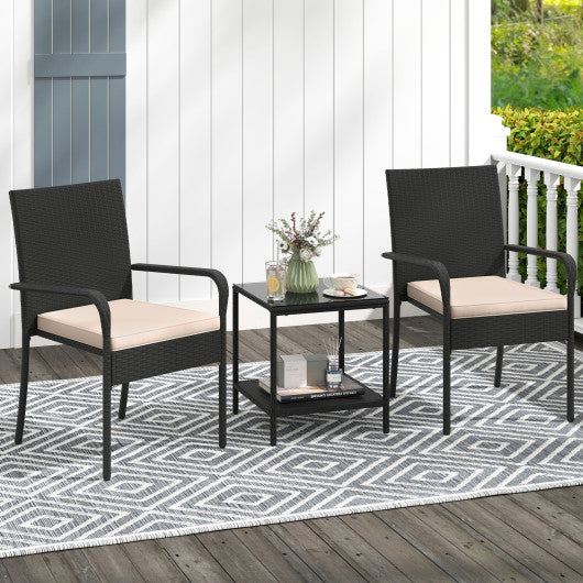 3 Piece Patio Furniture Set with Seat Cushions and Tempered Glass Tabletop-Beige