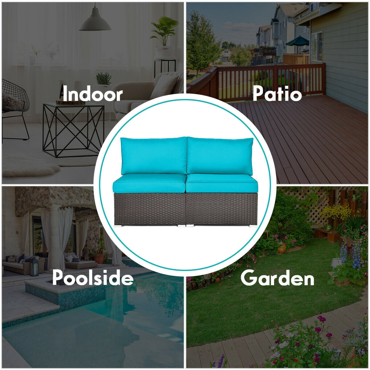 2 Pieces Patio Rattan Armless Sofa Set with 2 Cushions and 2 Pillows-Navy