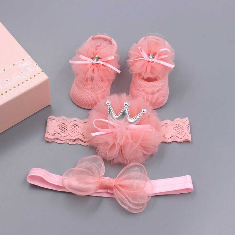 Flower Baby Girl Headband Socks Set Shoes With Crown Bows Newborn Headbands For Girls Turban Baby Hair Accessories