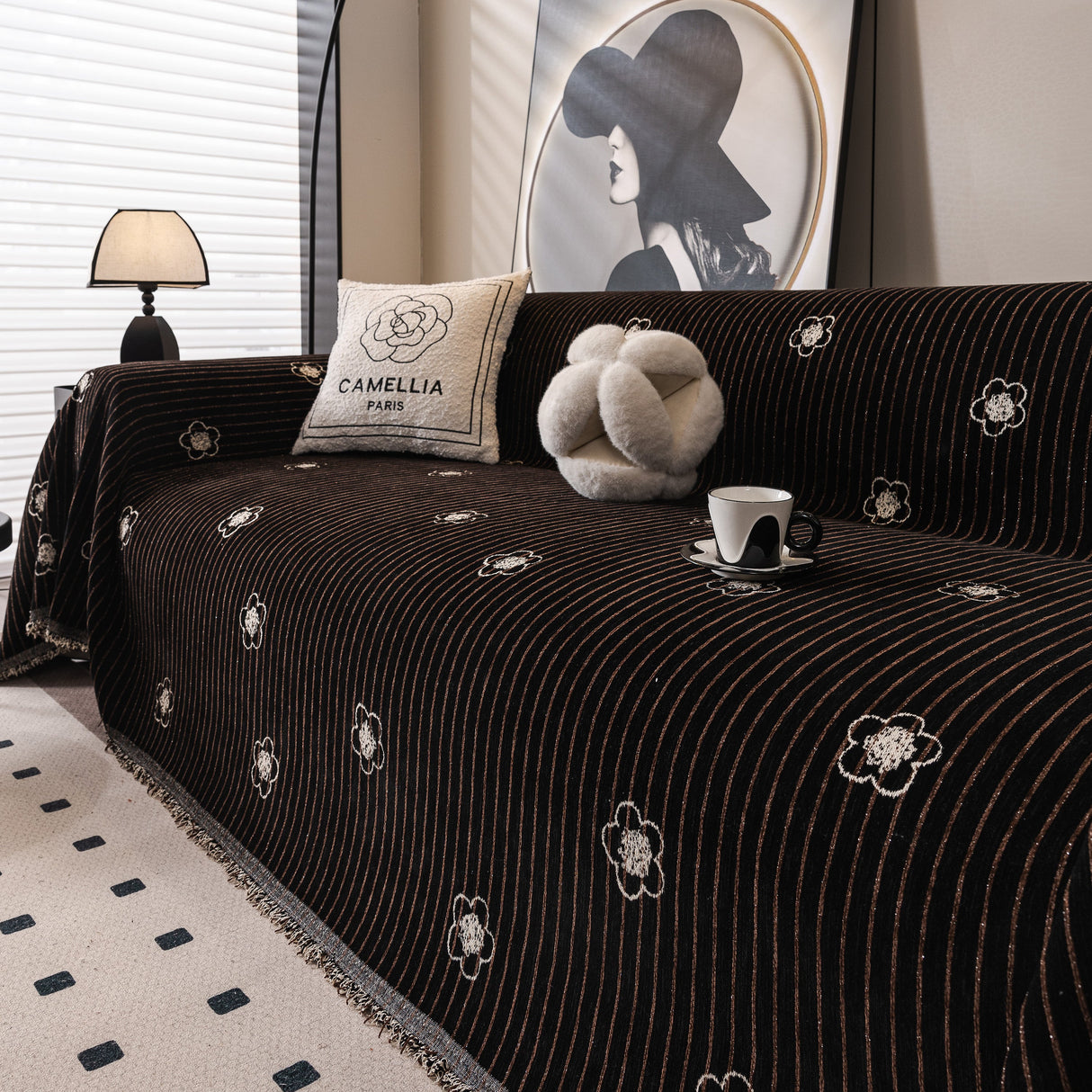 Chenille Camellia Floral Sofa Throw Cover Couch Blanket with Striped Jacquard