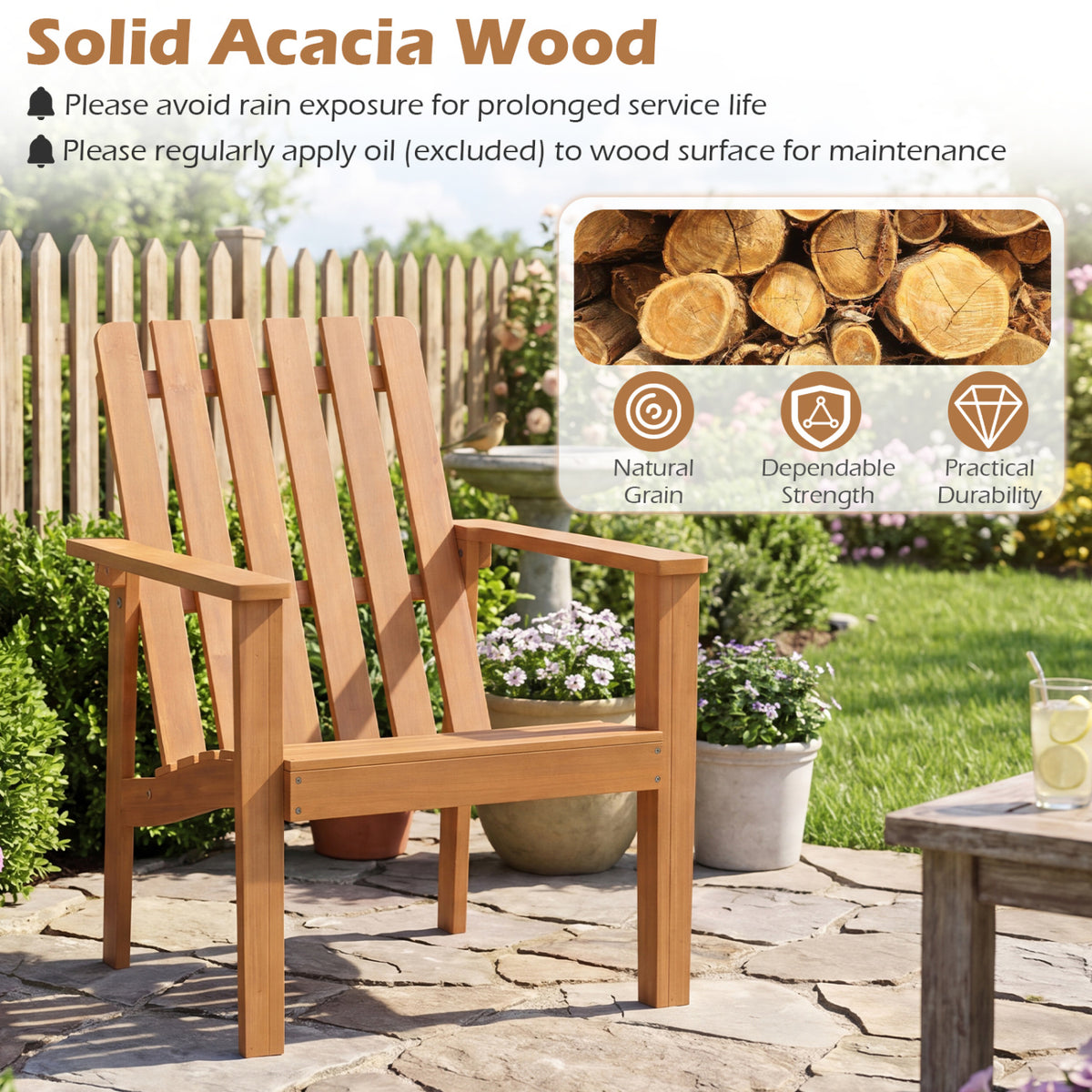 17†Square Patio Acacia Wood Side Table with Slatted Tabletop-Set of 1