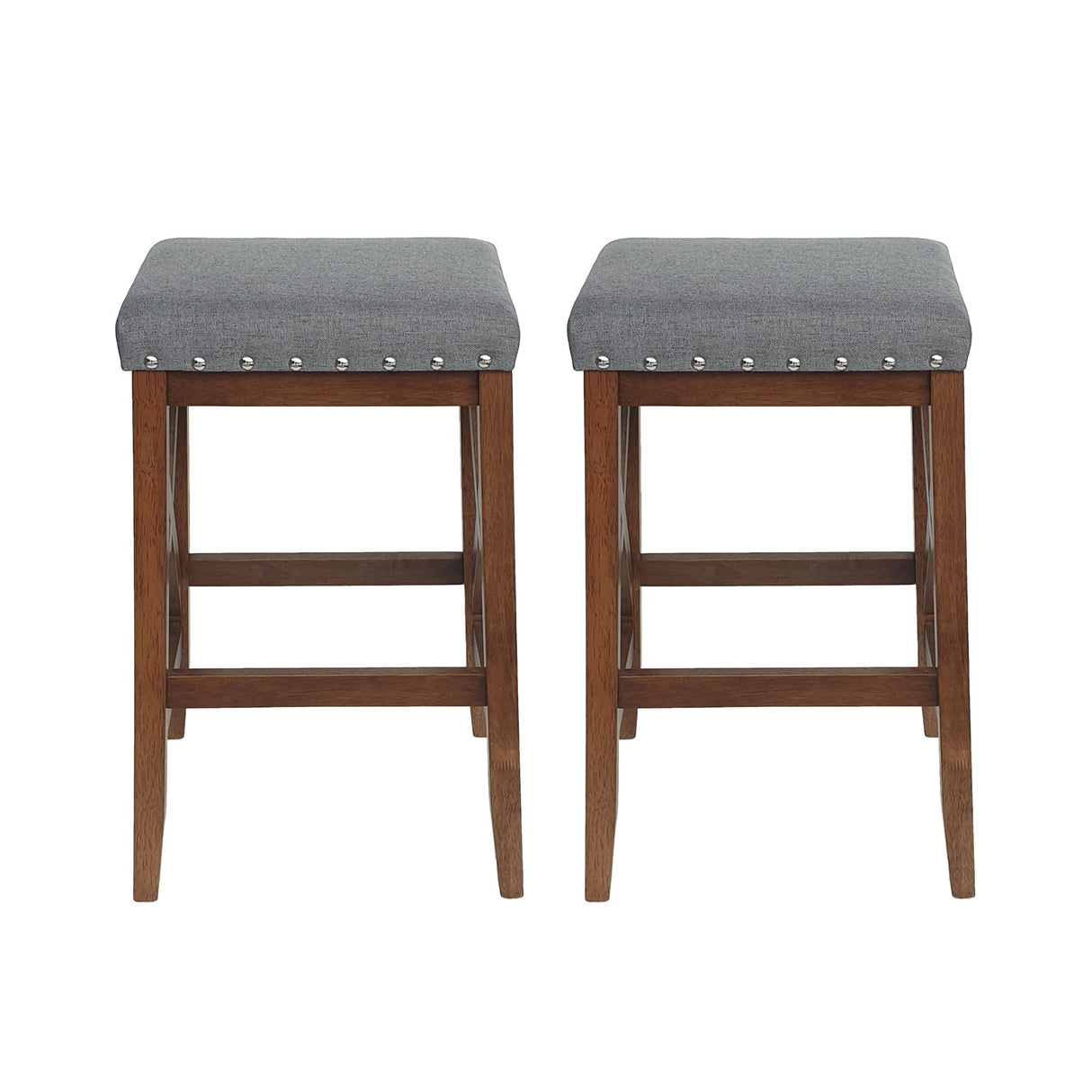 Upholstered Bar Stool With Nailhead Trim And X Frame Design (Set of 2) - Charcoal by Couch.com