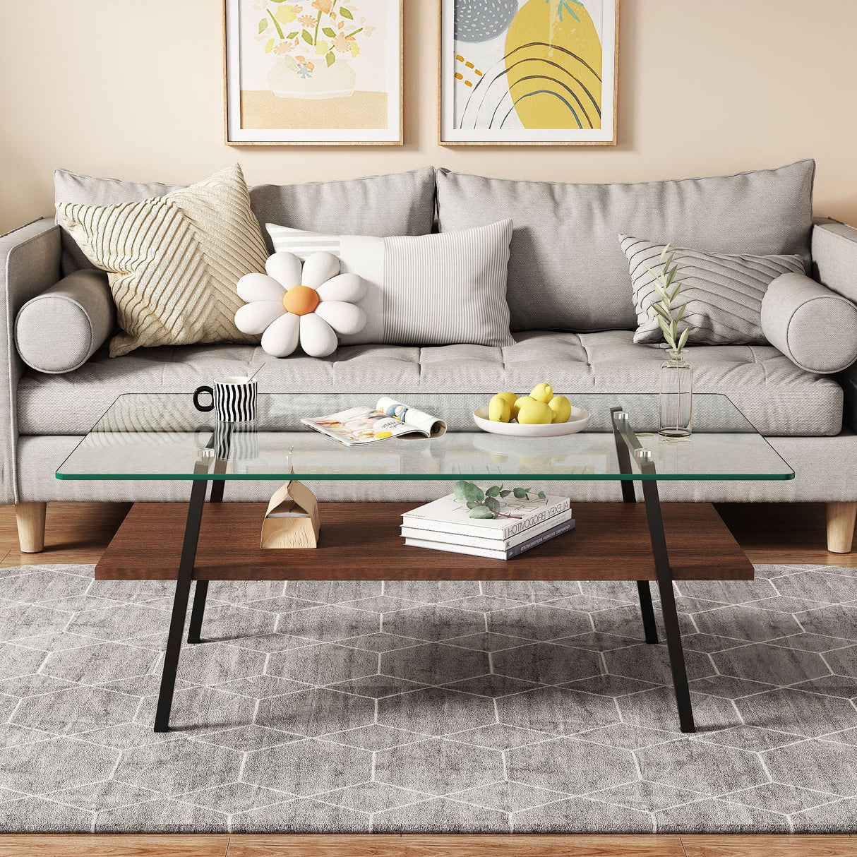 Rectangle Coffee Table, Tempered Glass Tabletop With Metal Legs, Modern Table For Living Room by Couch.com