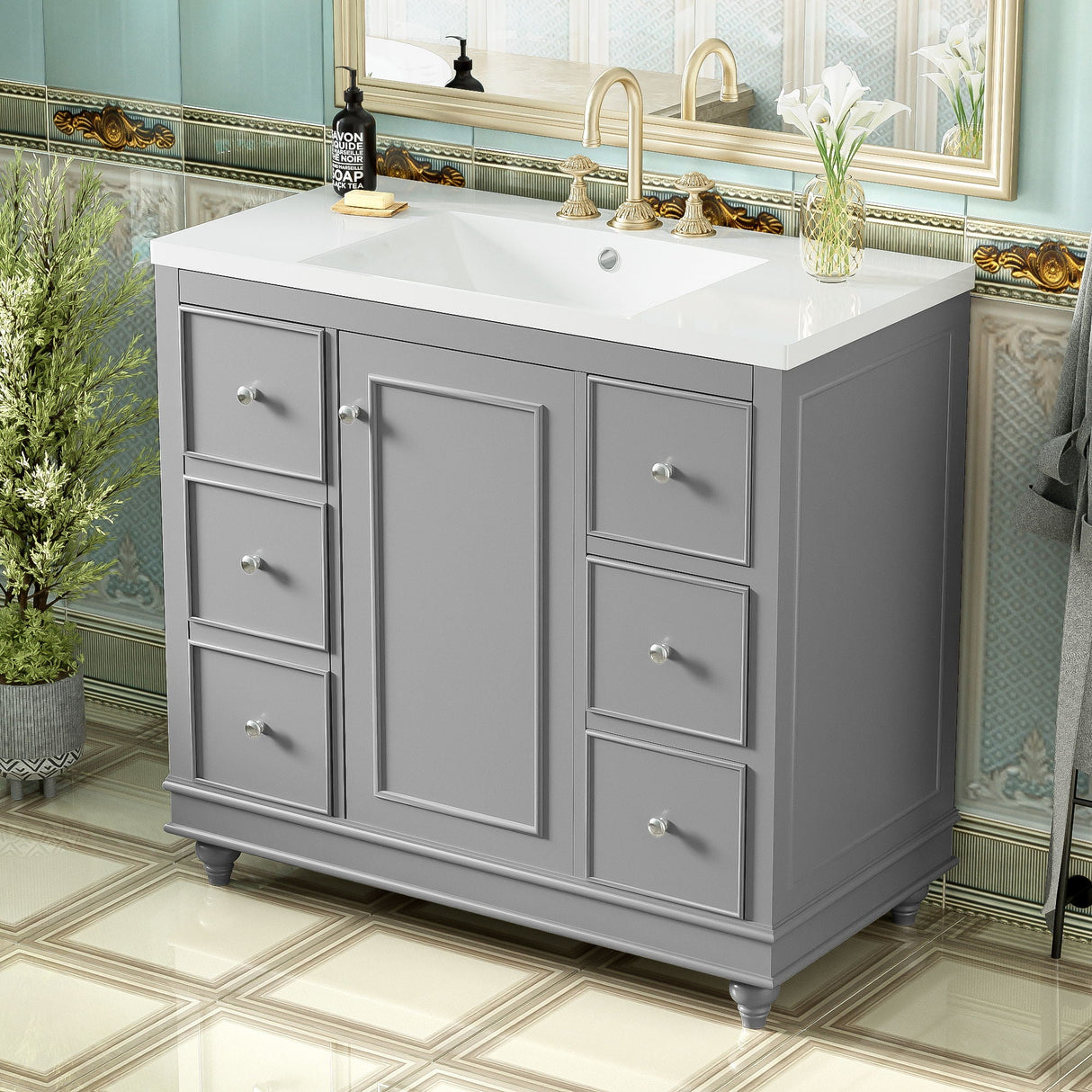 Contemporary Bathroom Vanity Cabinet, 4 Drawers & 1 Cabinet Door, Multipurpose Storage, Resin Integrated Sink, Adjustable Shelves, Solid Wood Frame With MDF by Couch.com