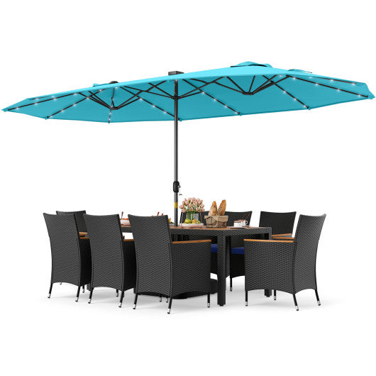 11 Pieces Patio Dining Set with LED Patio Umbrella with Base and Seat Cushions (Navy)-Turquoise