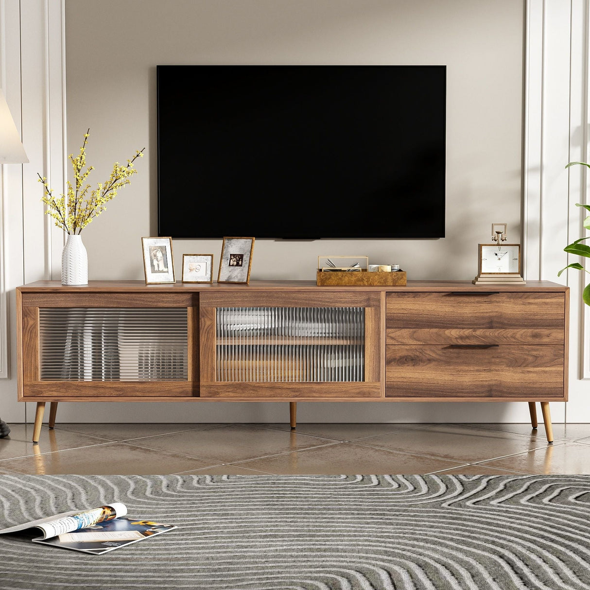 TV Stand, Media Console With 2 Doors, 2 Drawers & Storage Cabinet - Walnut