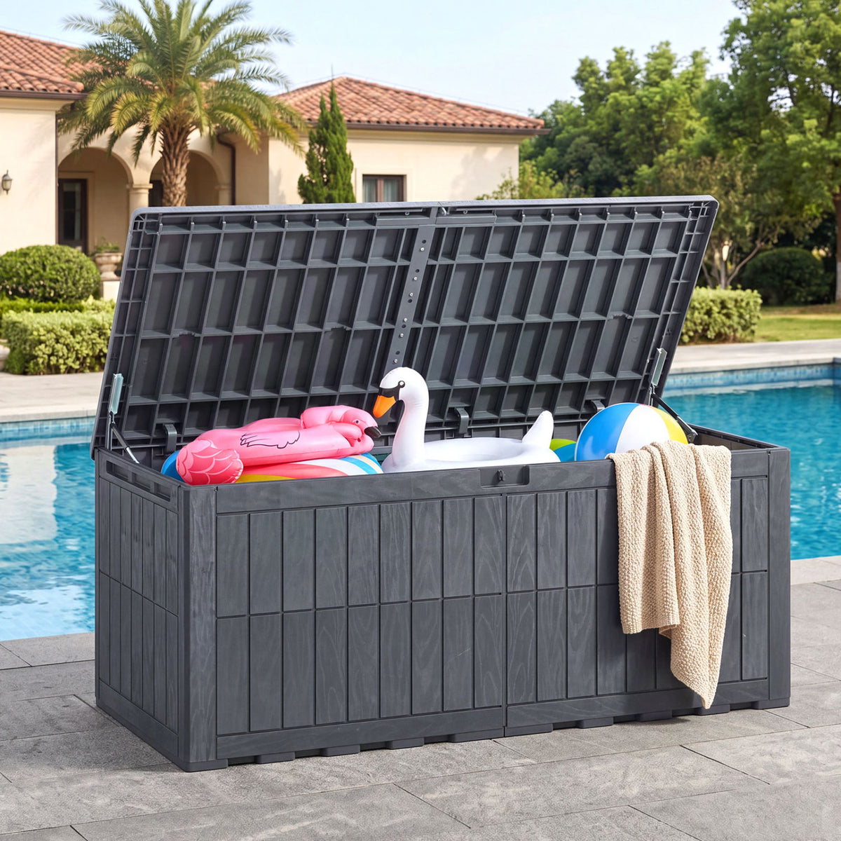 180 Gal Outdoor Deck Box All-Weather Lockable Storage Bin with Lid and Handles-Gray