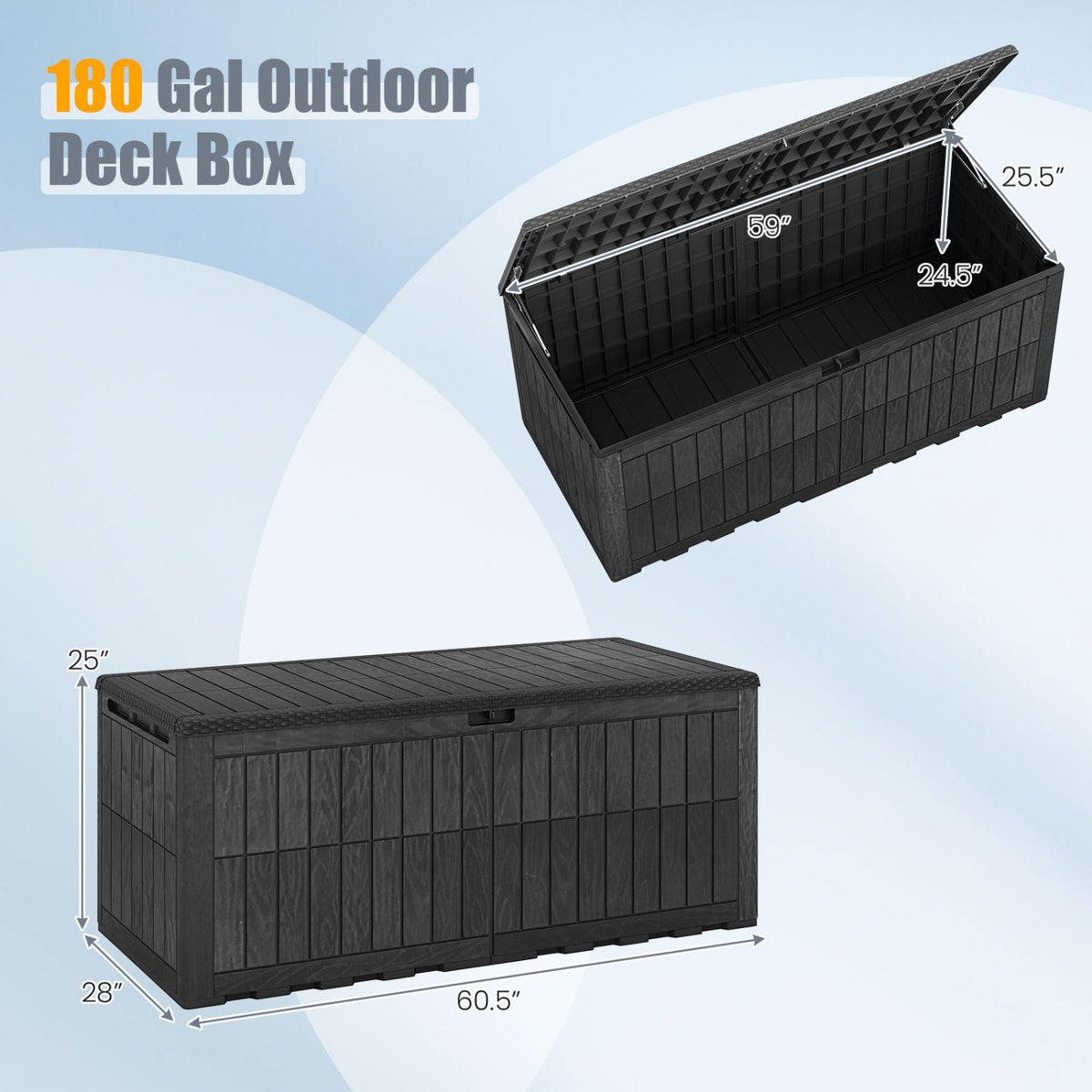 180 Gal Outdoor Deck Box All-Weather Lockable Storage Bin with Lid and Handles-Black