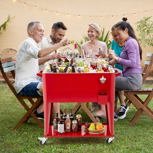 Portable Patio Cooler with Bottom Storage Shelf and Bottle Opener-Red