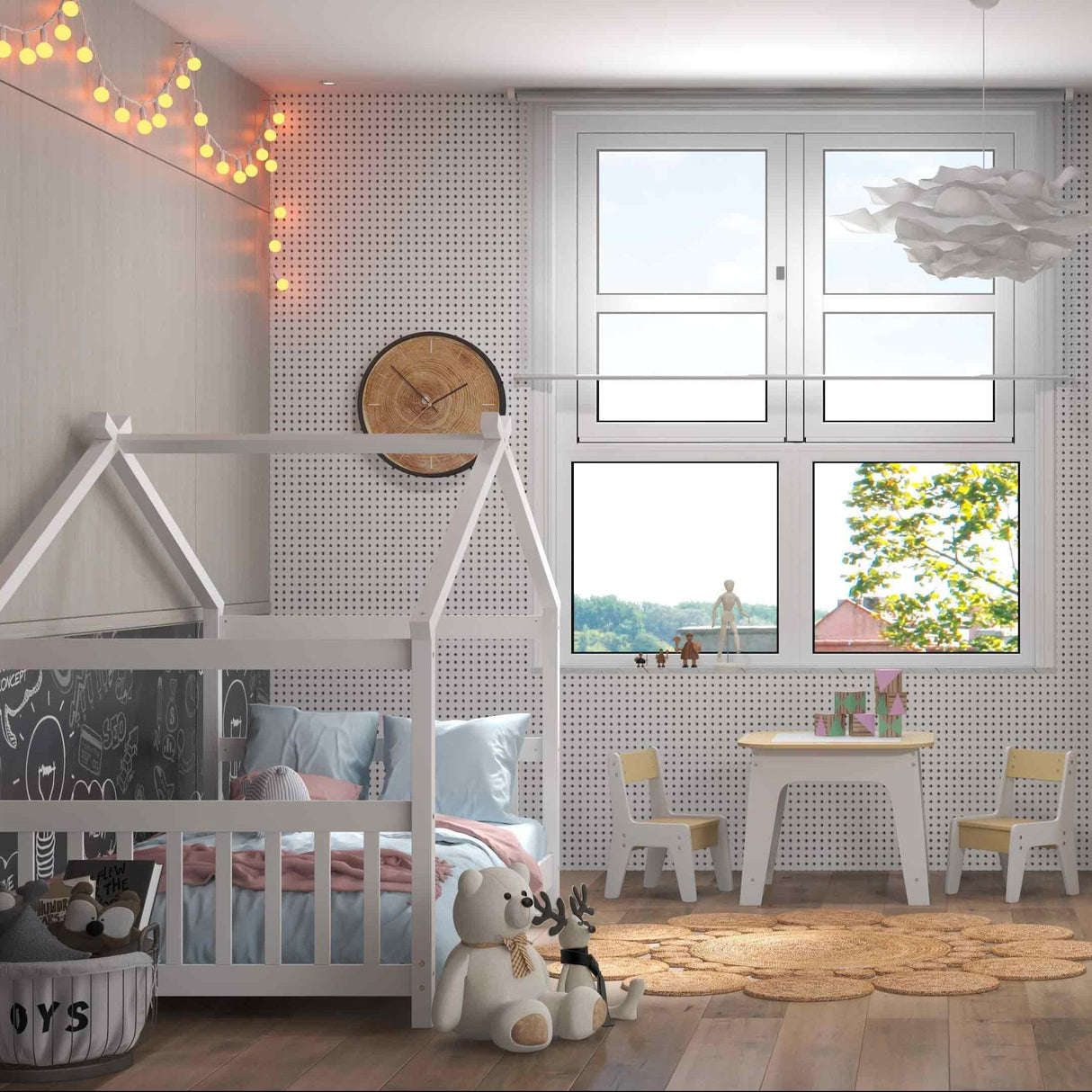 3-Piece Kid ™s Room Bundle: Twin Size Wooden House Bed + Kid's Table and Chairs Set + Kids 2-Shelf Bookcase