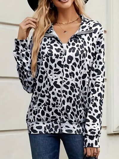 Modern Full Size Leopard Black White Collared Neck Zip Up Jacket Stylish & Comfortable Everyday Wear