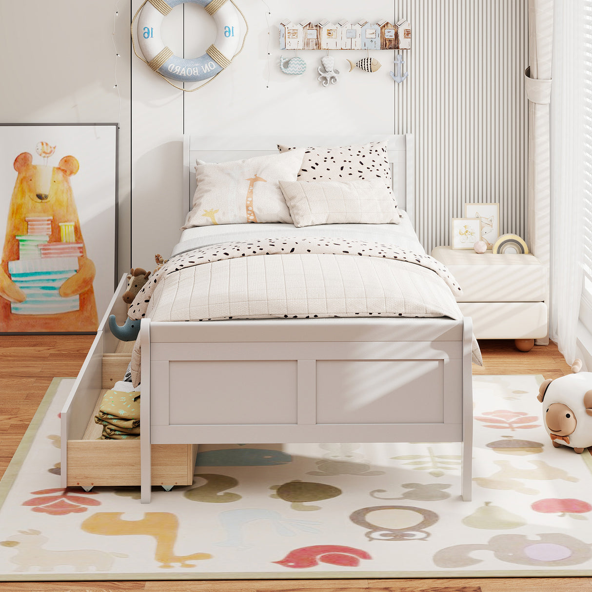 Twin Size Sleigh Bed with 2 Storage Drawers Wood Platform Bed Frame-White