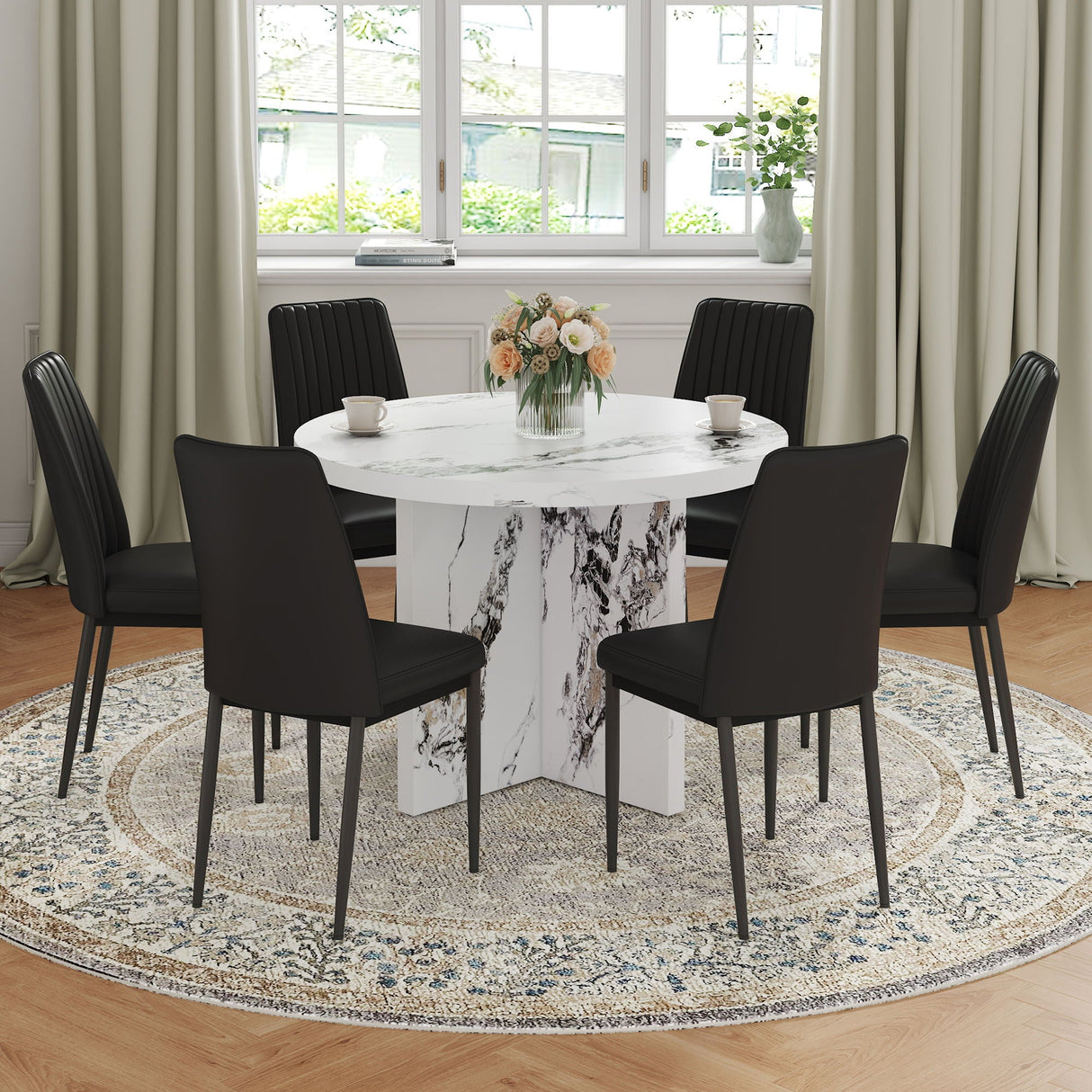 7 Piece Round Dining Table Set, Modern Round Table And 6 Upholstered Chairs For Dining Room, Kitchen Room, Living Room - White / Black by Couch.com