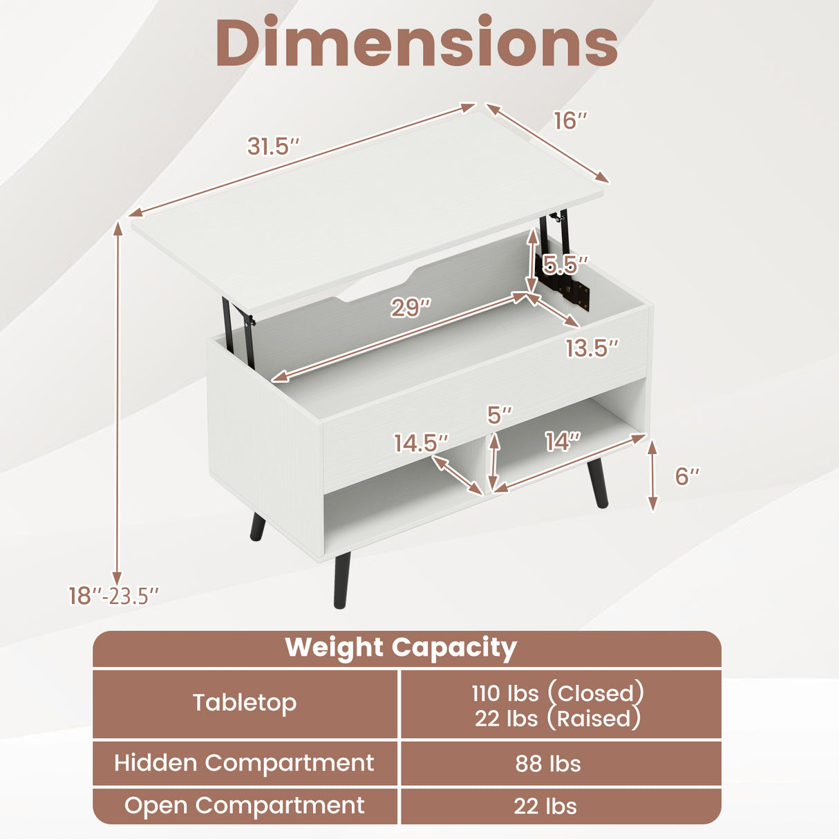 31.5 Inch Lift-Top Coffee Table with Hidden Storage and 2 Open Shelves-White