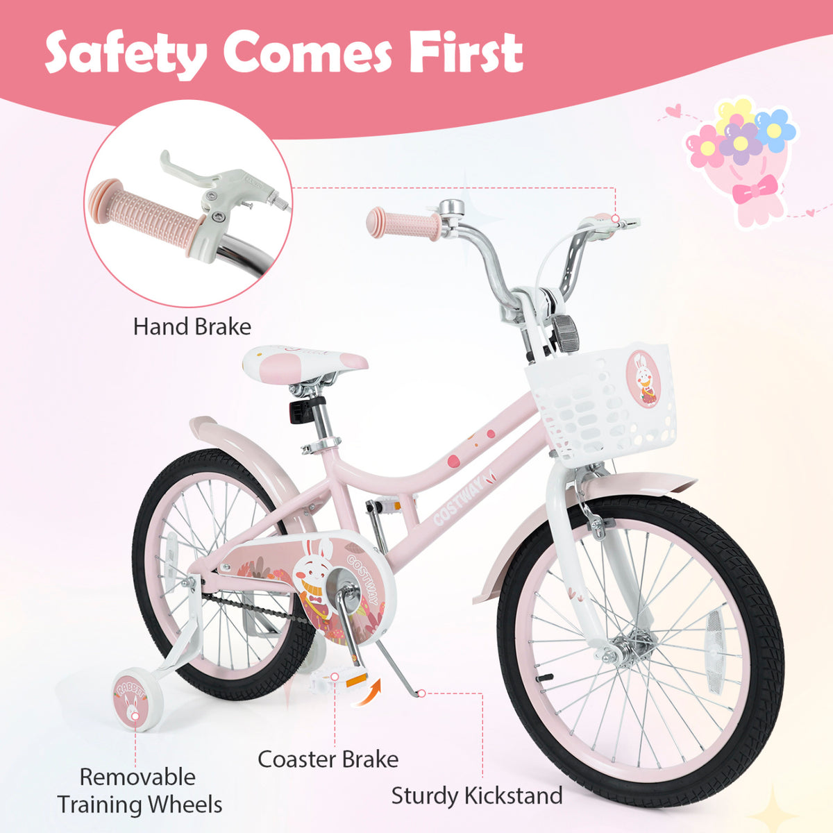 18 Inch Adjustable Seat Kids Bike with Front Basket Handlebar and Training Wheels-Pink