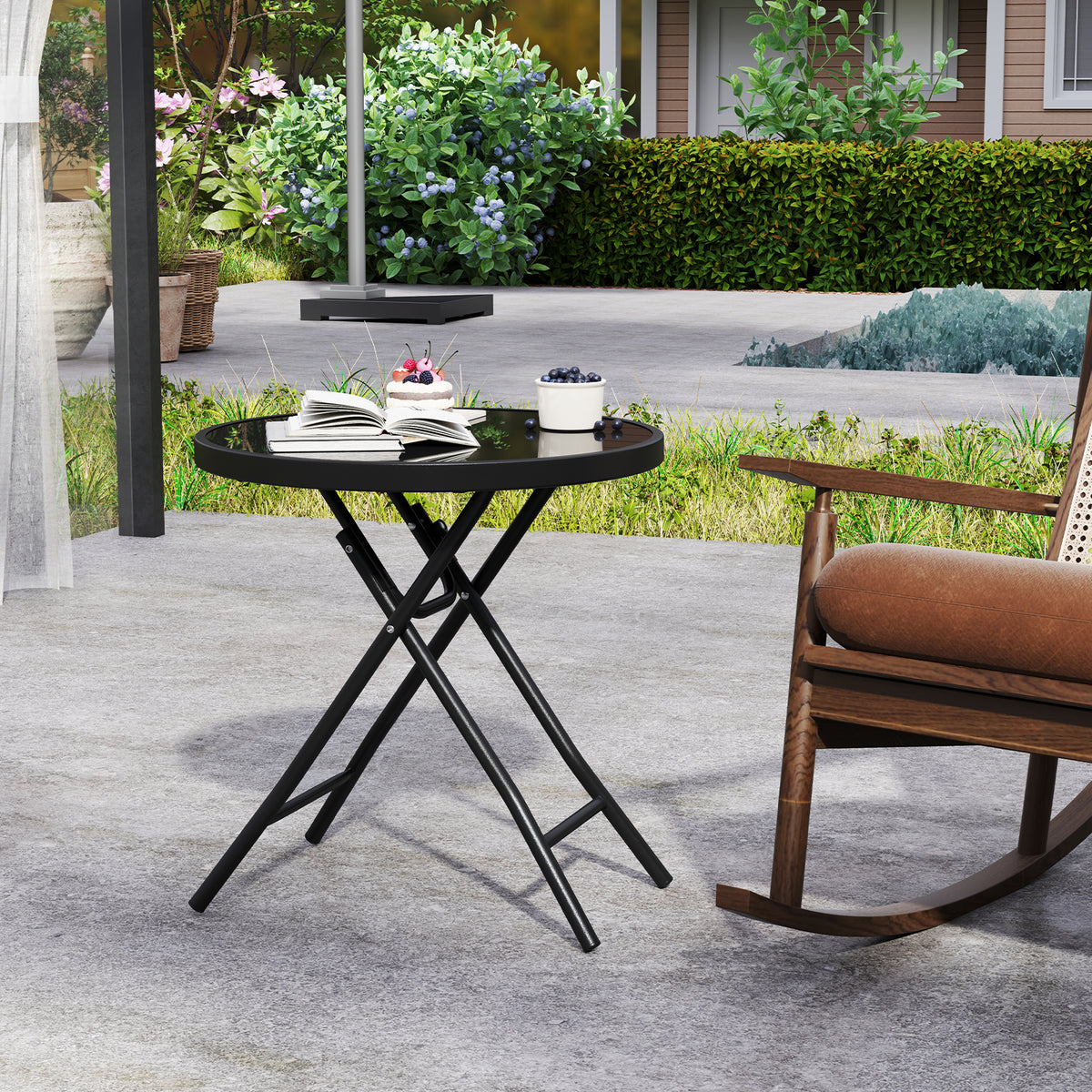 18 Inch Folding Side Table Patio Round Compact Coffee Table-Black