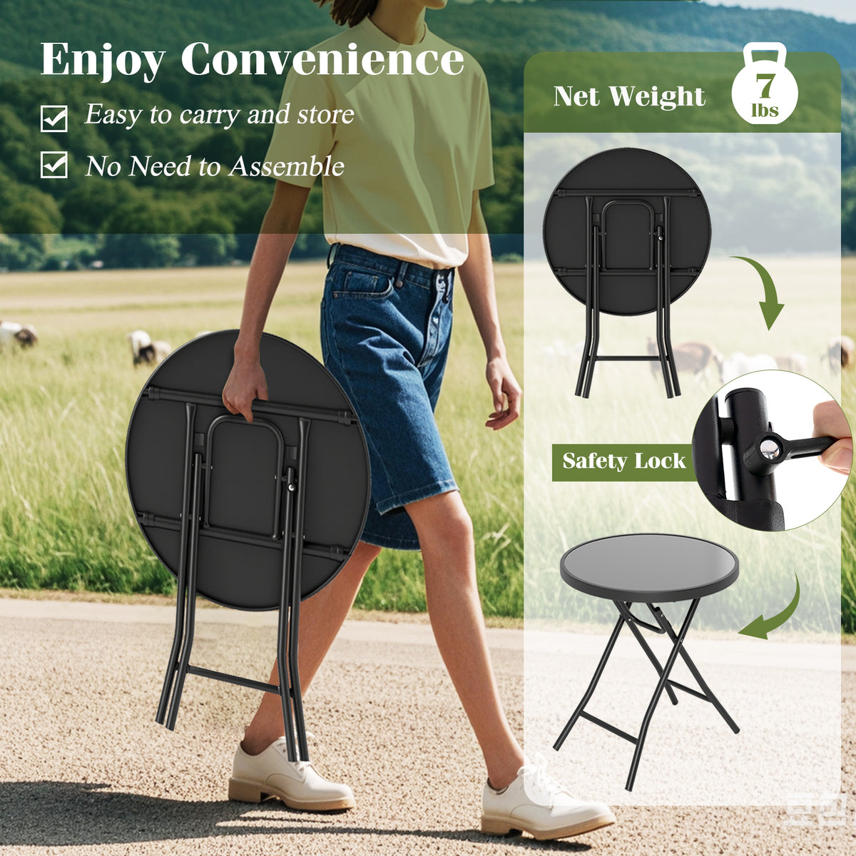 18 Inch Folding Side Table Patio Round Compact Coffee Table-Black