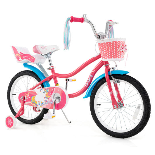 18 Inch Girls Bike for 3-5 Years Old Kids Bike with Doll Seat and Training Wheels