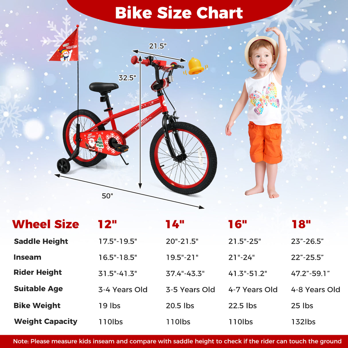 18 Inch Kids Bike Adjustable with Christmas Music & Flag for Aged 4-8 Years Old