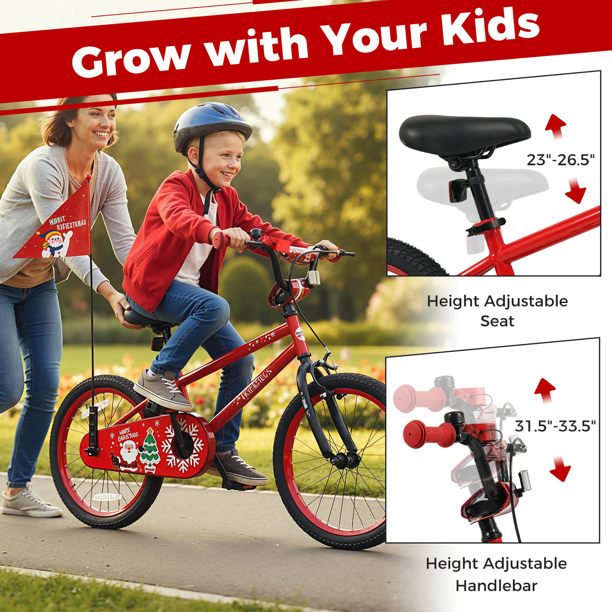 18 Inch Kids Bike Adjustable with Christmas Music & Flag for Aged 4-8 Years Old
