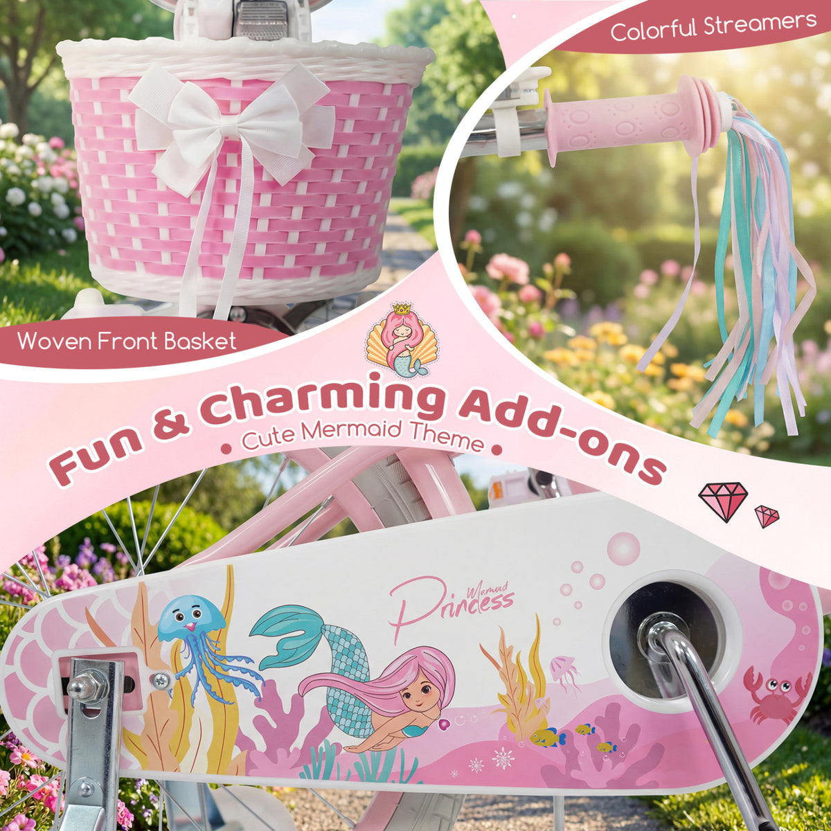 18-Inch Kids Bike Adjustable with Basket and Streamers Pink - Princess of the Sea Theme