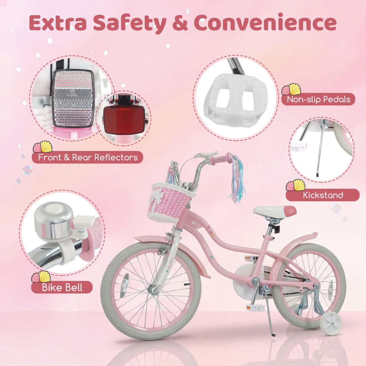 18-Inch Kids Bike Adjustable with Basket and Streamers Pink - Princess of the Sea Theme