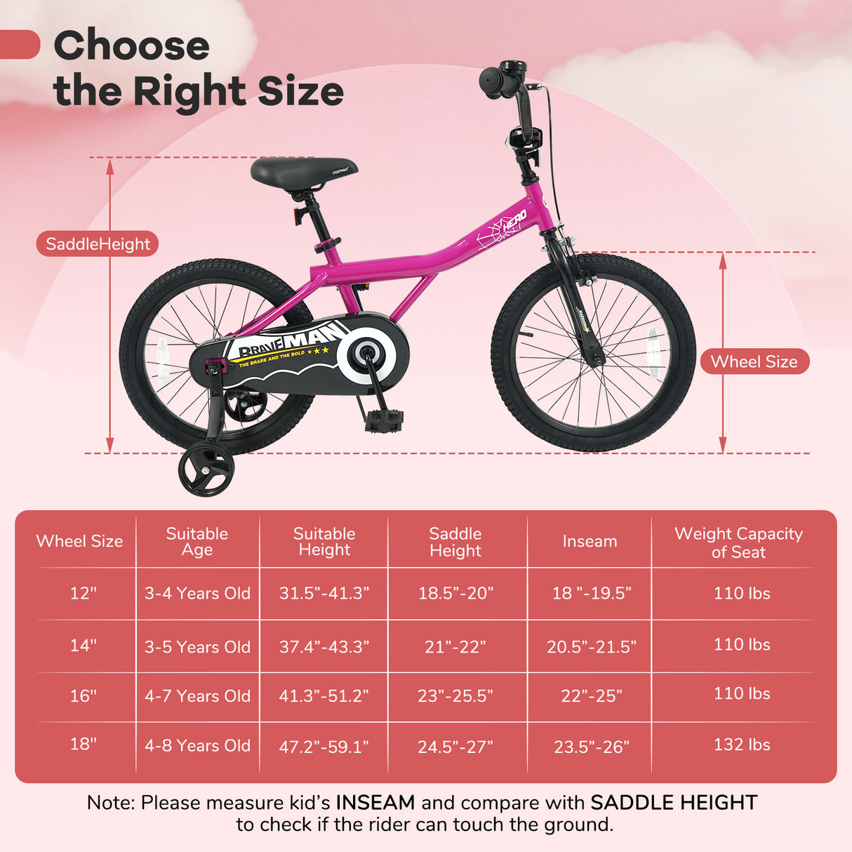 18-Inch Kids Bike with Removable Training Wheels Pink-Brave Hero