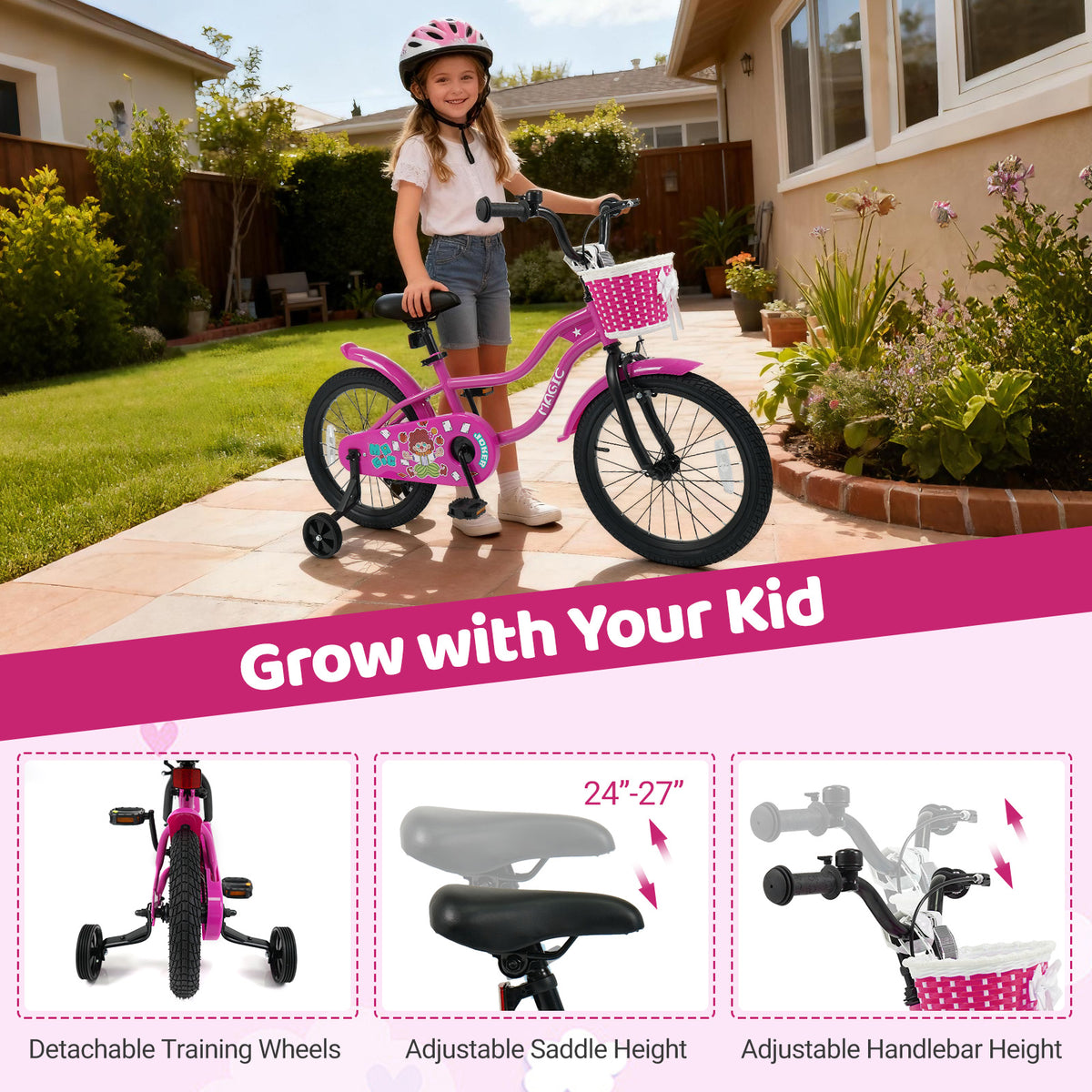 18 Inch Kids Bike with Training Wheels for Aged 3-8 Years Old - Magic Rose