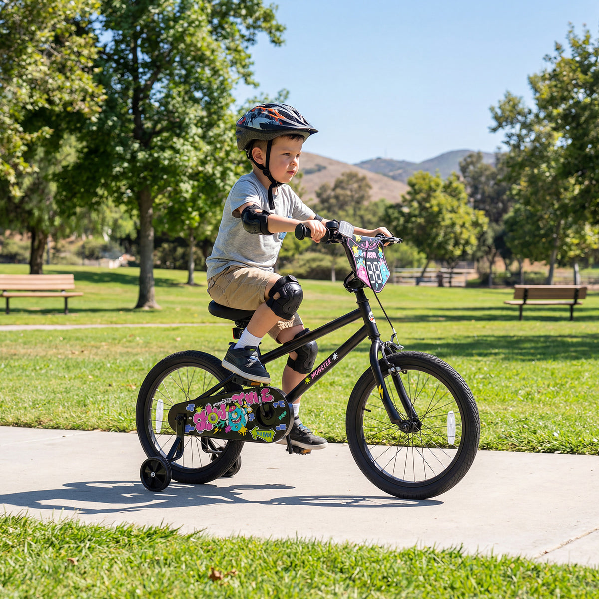 18 Inch Kids Bike with Training Wheels for Ages 4-8 Years Old Black- Street Art Time