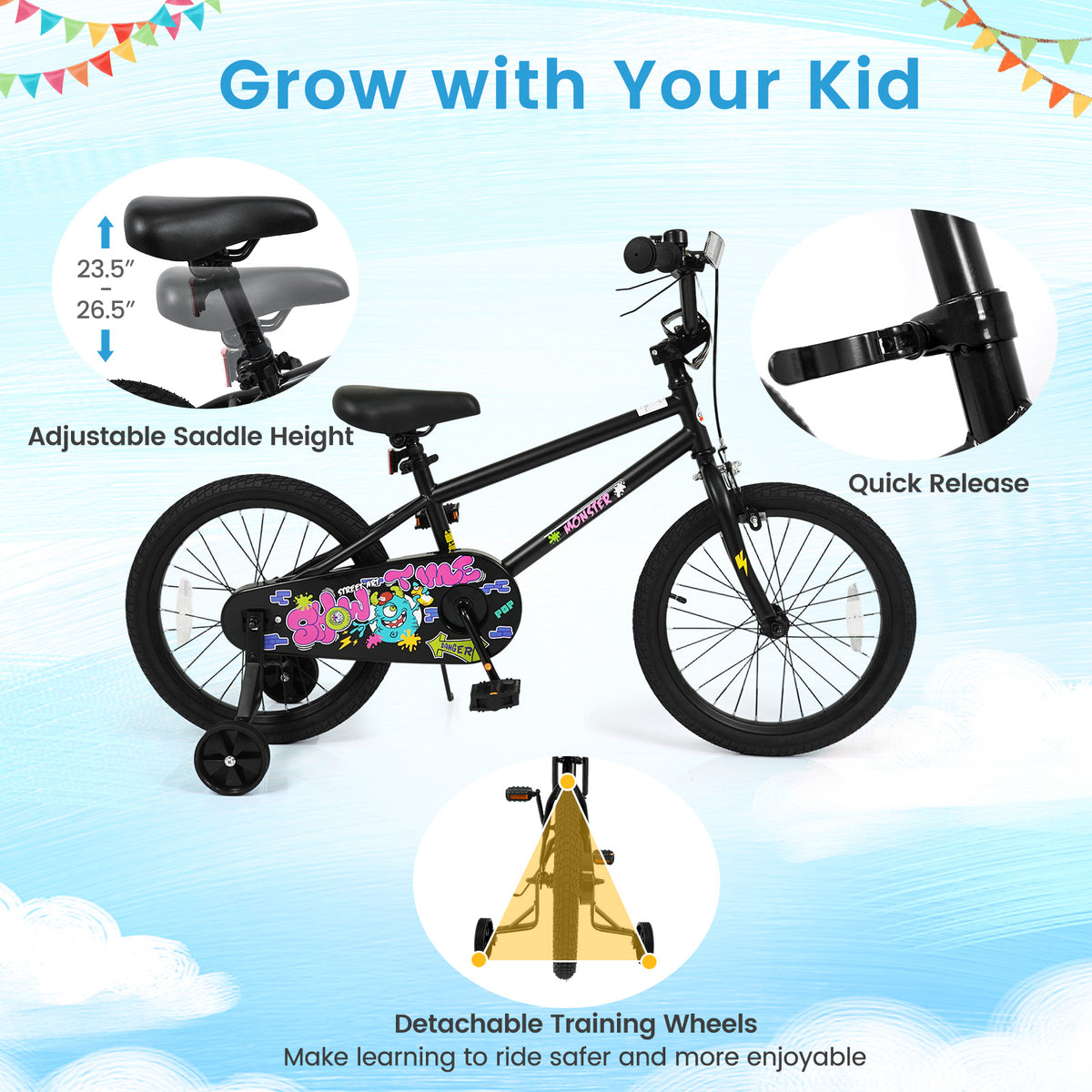 18 Inch Kids Bike with Training Wheels for Ages 4-8 Years Old Black- Street Art Time