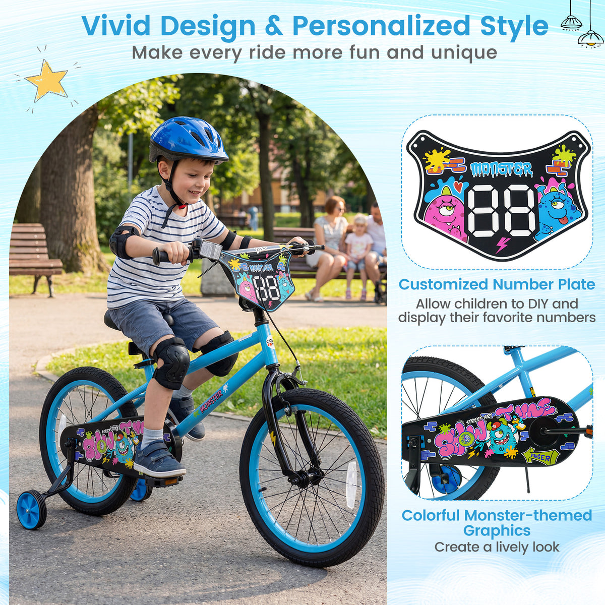 18 Inch Kids Bike with Training Wheels for Ages 4-8 Years Old Blue- Street Art Time