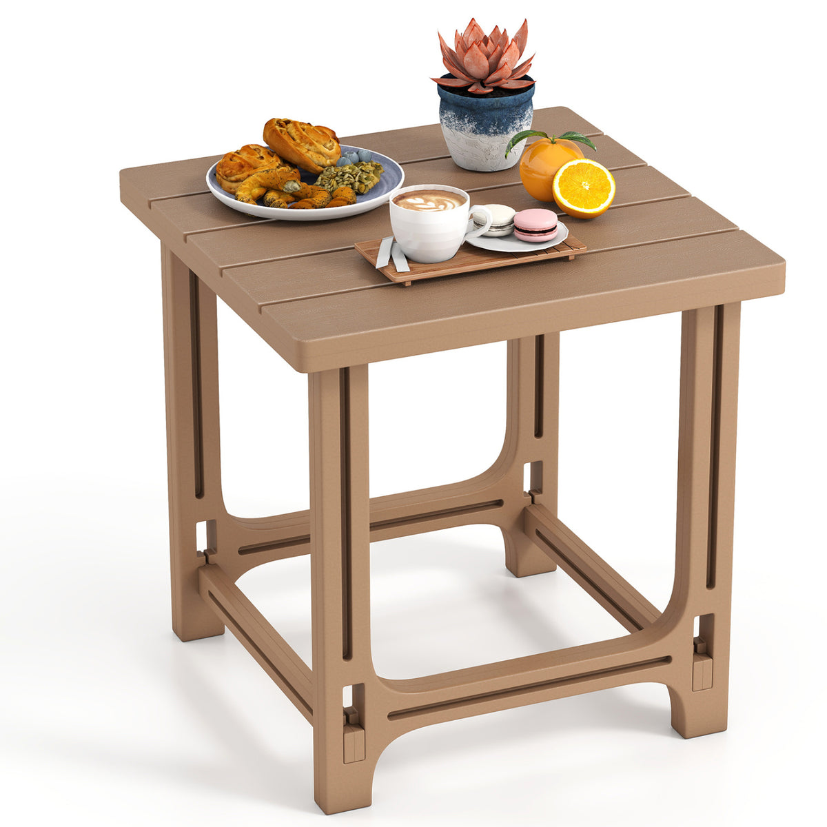 18 Inch Outdoor Adirondack Side Table with Slatted Surface-Brown