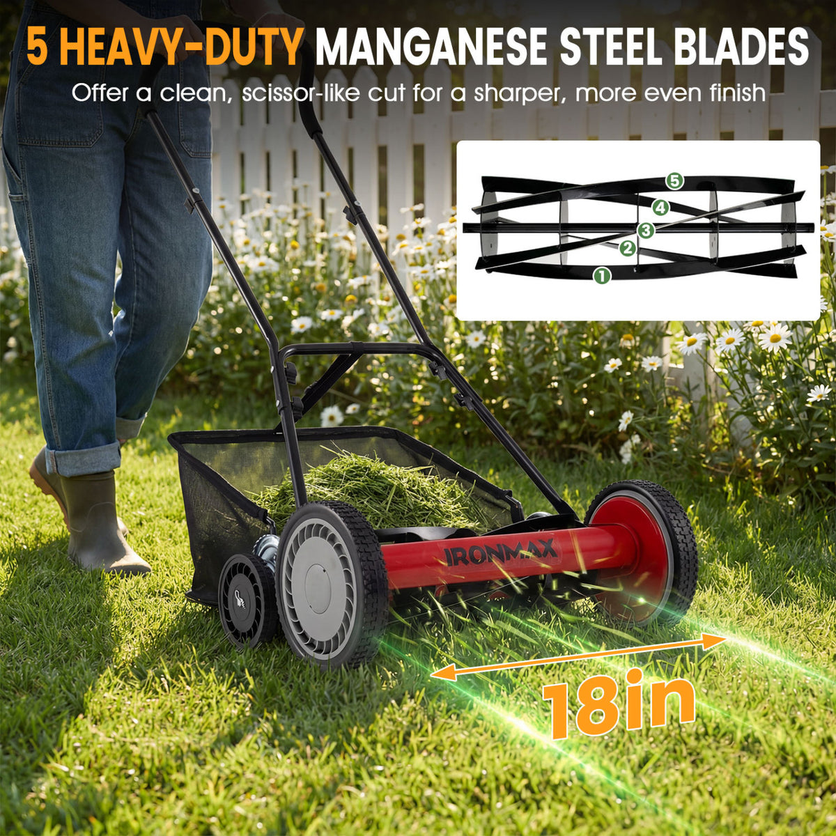 18 Inch Push Reel Lawn Mower 4-Position Adjustable with Removable Grass Catcher-Red