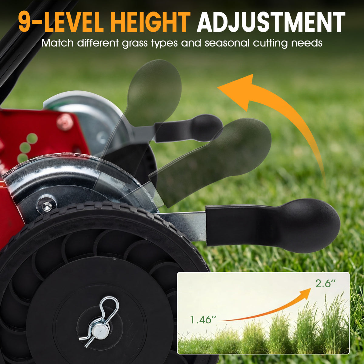 18 Inch Push Reel Lawn Mower 4-Position Adjustable with Removable Grass Catcher-Red