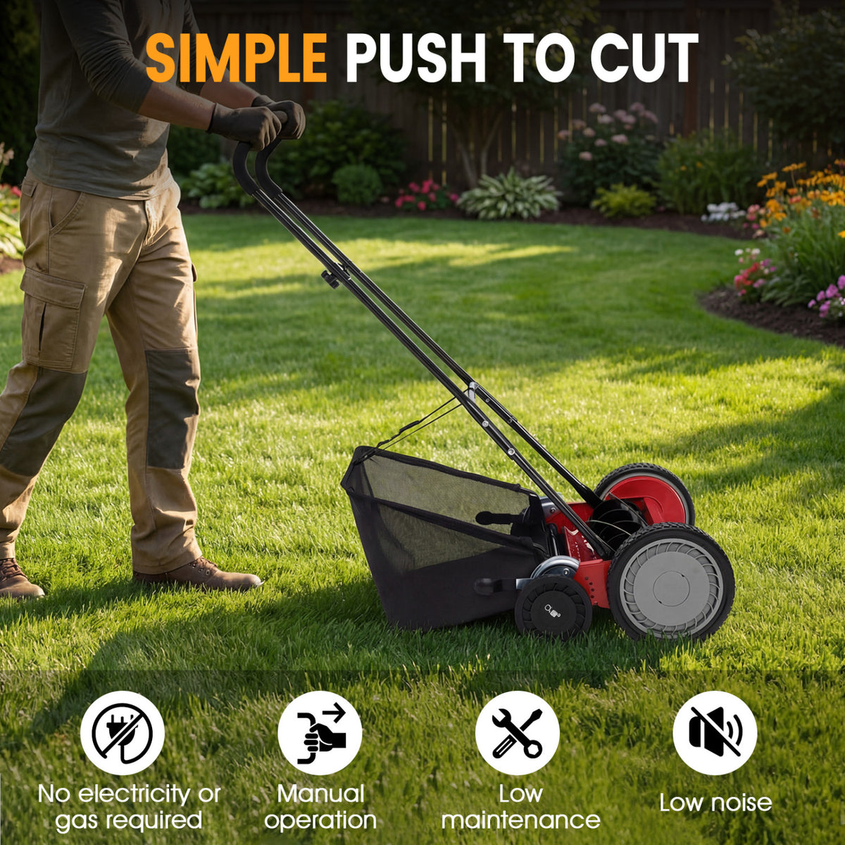18 Inch Push Reel Lawn Mower 4-Position Adjustable with Removable Grass Catcher-Red
